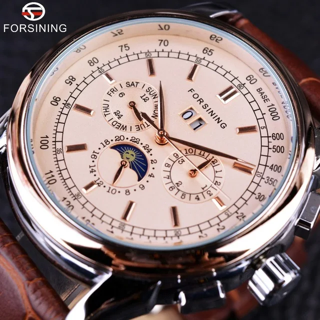 Forsining Moon Phase Шанхай часовой механизм розовое золото чехол коричневый Натуральная кожа ремешок мужские часы лучший бренд класса люкс Auotmatic часы - Цвет: Rose Golden