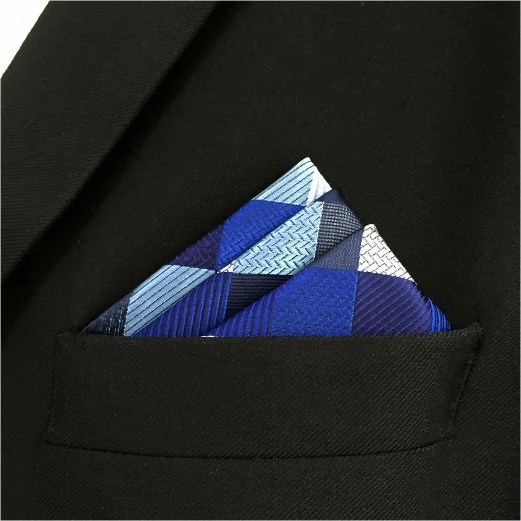 KH02 Checked Blue Mens Pocket Square Fashion Hanky Silk Jacquard Woven Dress | Аксессуары для одежды