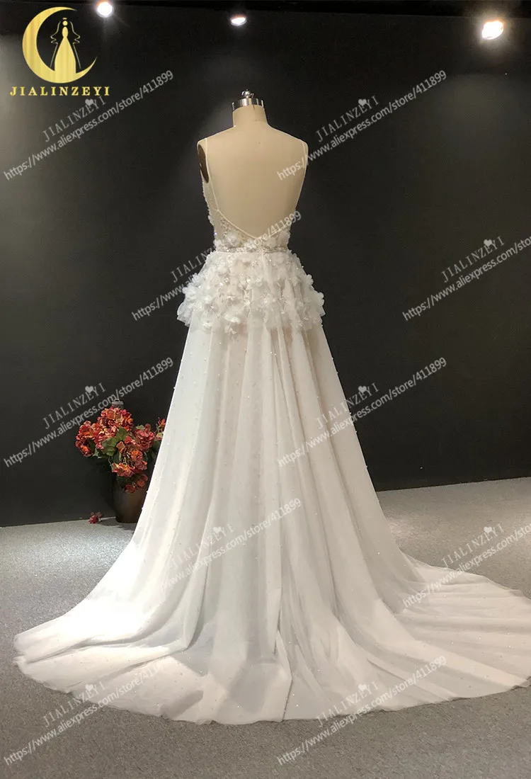 

JIALINZEYI Real Picture Deep V Neck with Organza Flowers A-line Fashion New Bridal wedding Gown Wedding Dresses 2021