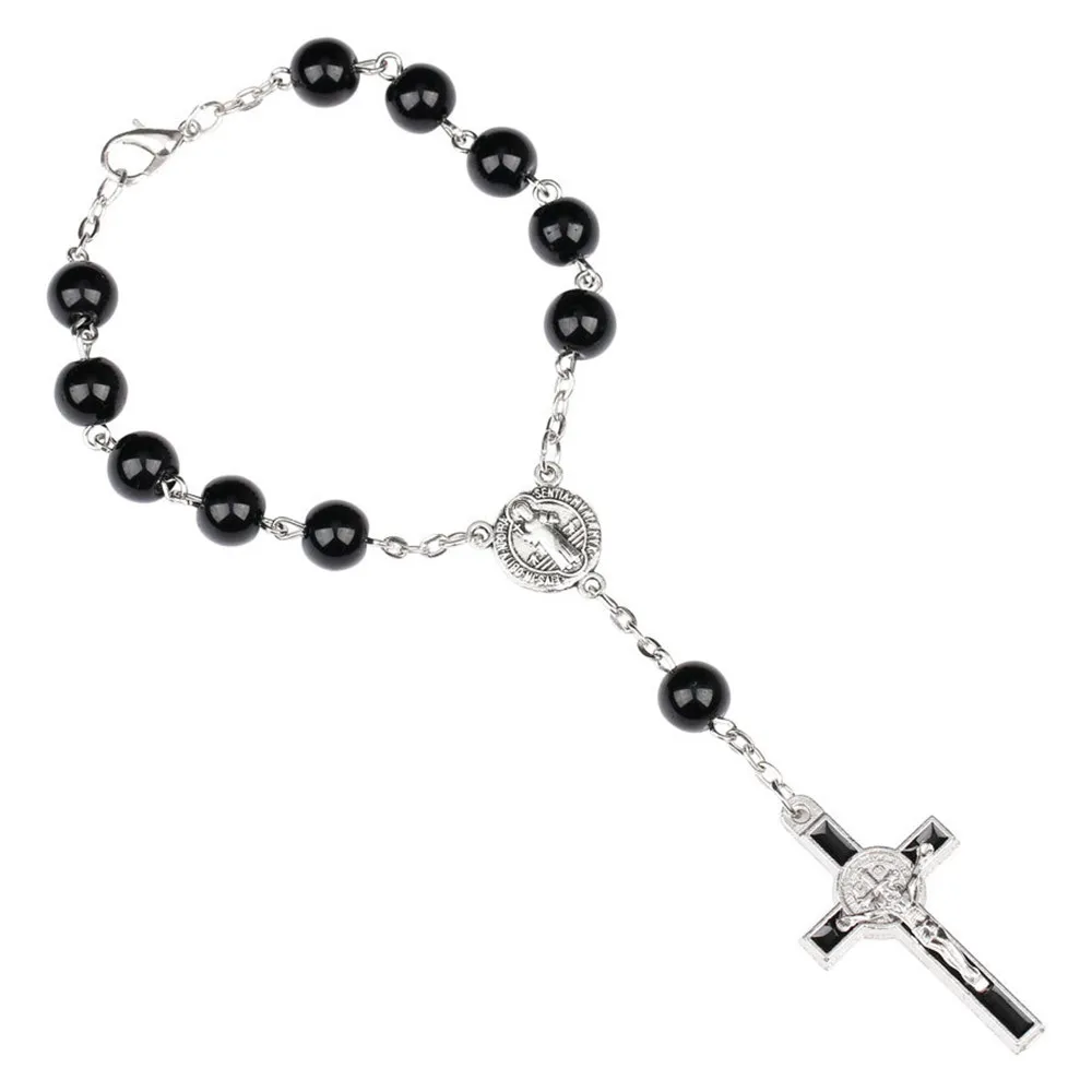 

Religious 8MM Black Glaze Catholic Rosary Bracelets for Women or Men Jesus Cross Pendant Bracelet St Benedict Connectors