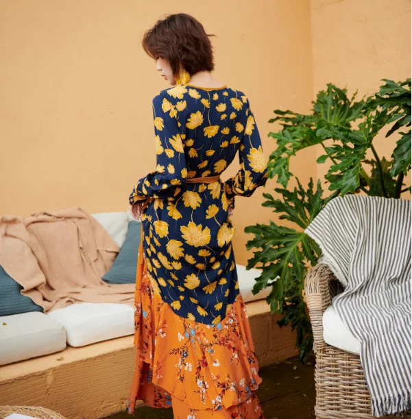 Floral with Straps V Neck Bohemian Beach Dress Sexy Long Sleeve Maxi Women Dresses Ruffles Asymmetrical Vestidos Verano 2019 | Женская