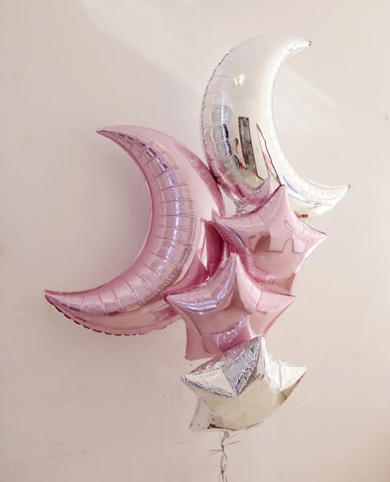 

6pcs Pink Silver Moon Star Shape Aluminum Foil Balloon Inflatable Wedding Decoration Ball Happy Birthday Party Supplies