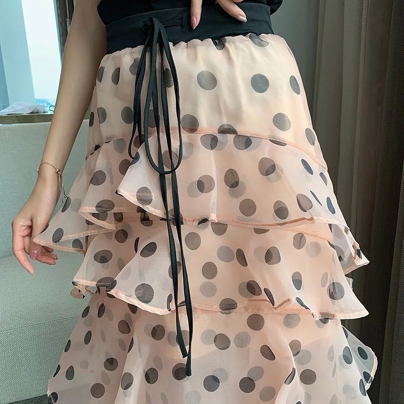 TWOTWINSTYLE Casual Polka Dot Skirt For Women High Waist Bandage Ruffles Slim Chiffon Skirts Female Fashion Summer New