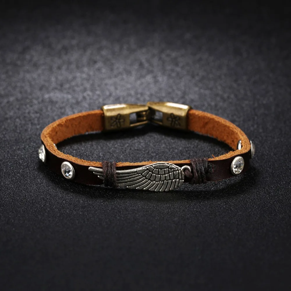 Felicelia New Arrival Feather Wing Design Men Bracelets Brown PU Leather Wrap Bracelet For Boys Casual Sporty Jewelry | Украшения и