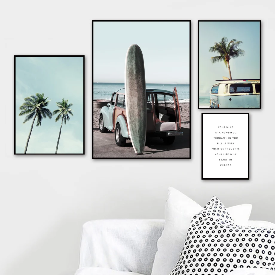 

Ocean Beach Surfboard Coconut Tree Car Quotes Wall Art Canvas Painting Nordic Posters And Prints Wall Pictures For Living Room