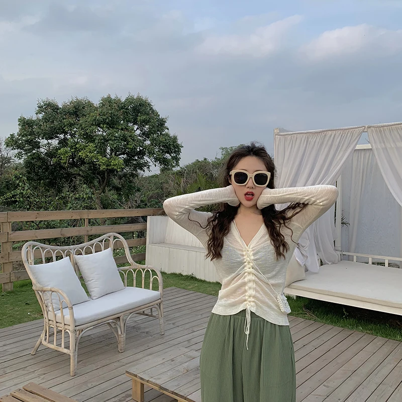 2019 summer korean style v neck thin sweater see through knitted long sleeve tops womens lace up tee shirt femme (R4484) | Женская