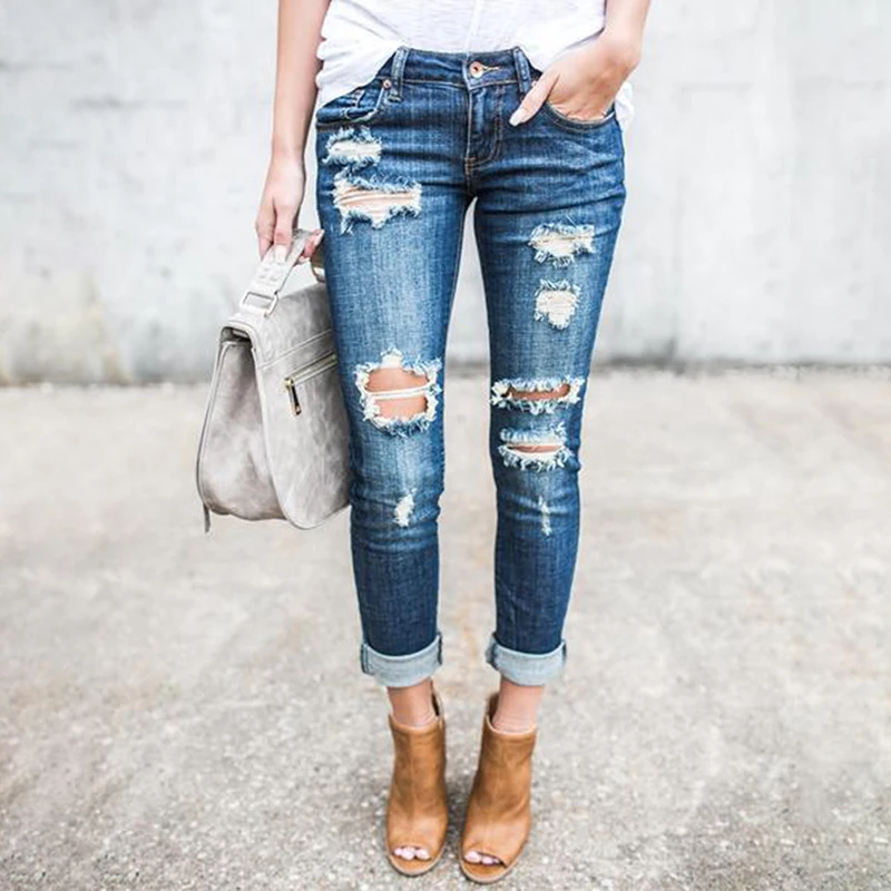 1pc New Style Women Fashion Broken Holes Slim Pants Ladies Jeans Spandex ankle-length Zipper Fly Pencil Casual |