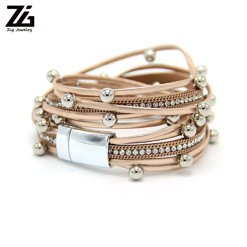 ZG Multilayer Leather Bracelets for Women Femme Crystal Metal Beads Charm Bohemian Style Bracelet Female Jewelry - Окраска металла: rose gold
