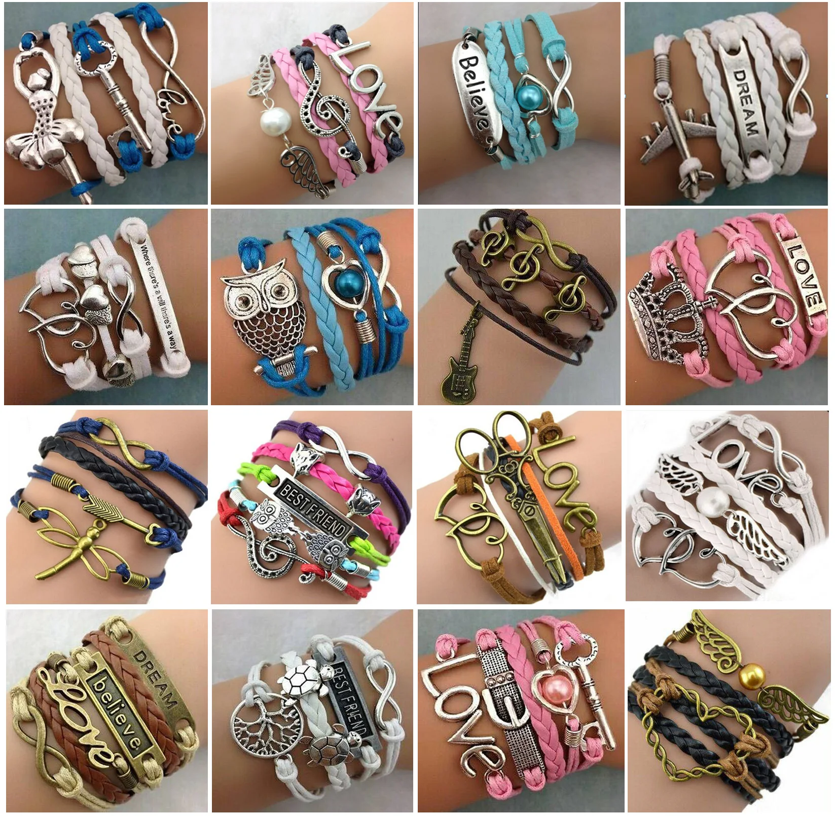 Wholesale 30pcs/Lots Mix Style Infinity Love Charm Bracelets Antique Multilayer Leather Bracelets For Women Jewelry