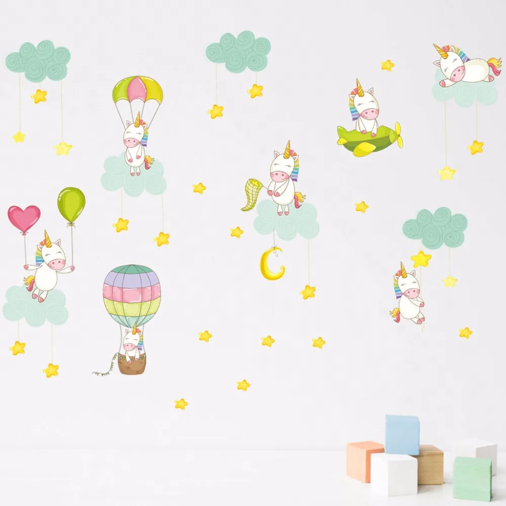 Funny unicorn wall stickers for Kids room bedroom vinyl balloon stars decals self-adhesive wallpaper diy poster dc8 | Дом и сад