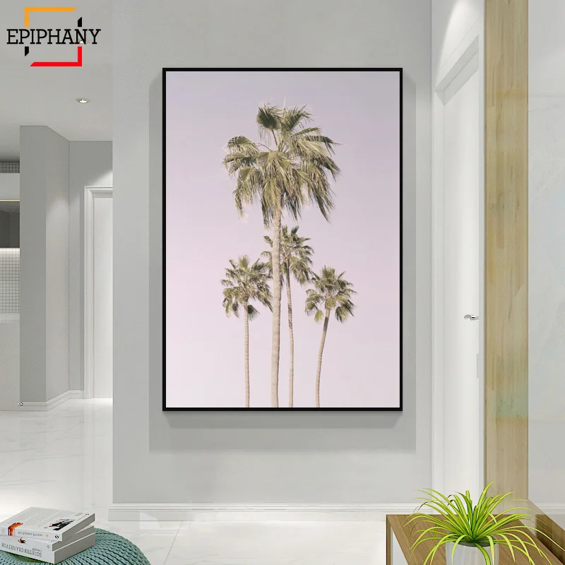 Пастельное настенное искусство розовые пляжные пальмы печать морской пейзаж