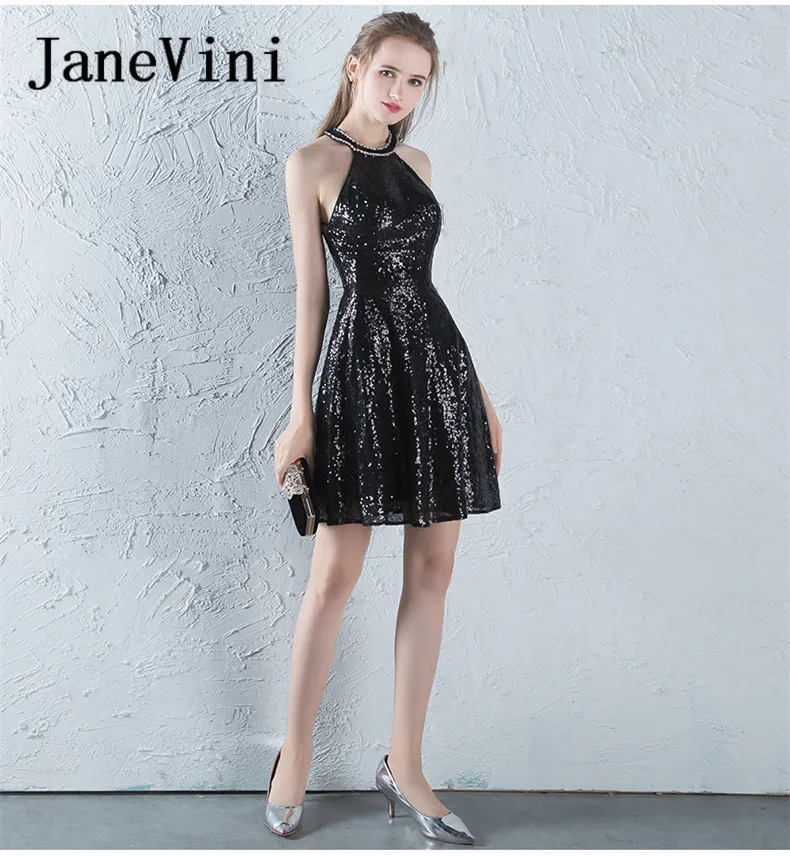 

JaneVini Black Sequins Short Bridesmaid Dresses for Weddings Sexy Backless Beads Formal Prom Dresses Abiti Da Damigella D'onore