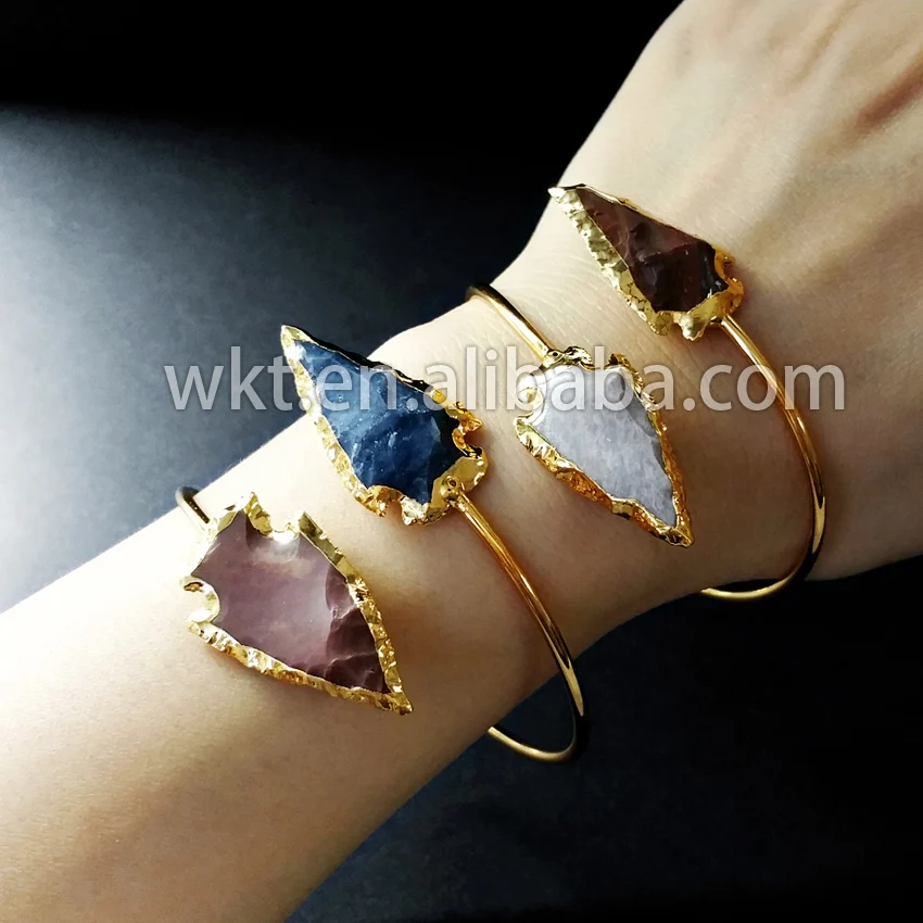 

WT-B182 WKT Exclusive! Gorgeous natural double stone arrowhead bangles, 24k gold trim double stone bracelet bangles