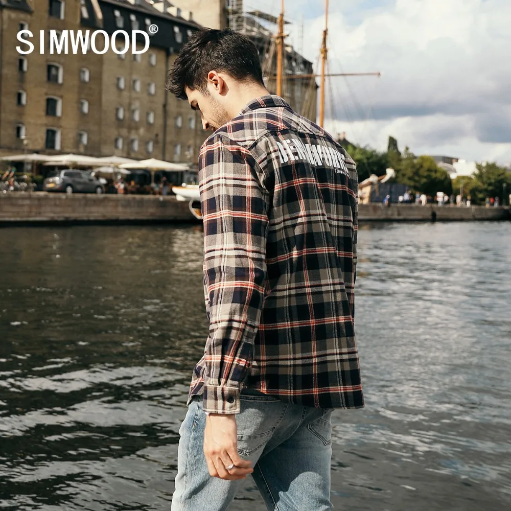 Мужская клетчатая рубашка SIMWOOD модная в стиле ретро с надписью одежда высокого