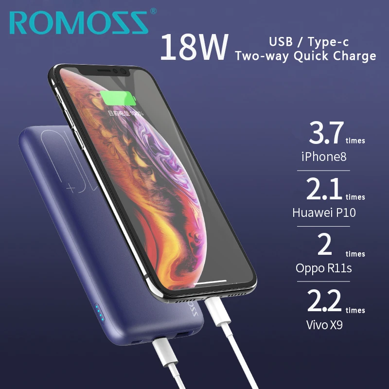 ROMOSS 10W Быстрый Беспроводной Зарядное устройство Мощность банк 10000mAh& 18 Вт QC 3,0 Быстрая зарядка для iPhone 8/8 Plus/X/XS max S10 S9 S8 Note8/9