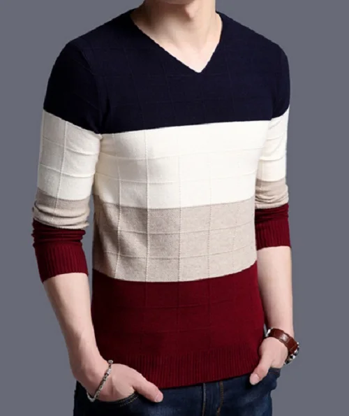 new fashion autumn winter Korean men casual patchwork v-neck knit bottoming slim fit shirt pullover warm wool cotton sweater | Мужская