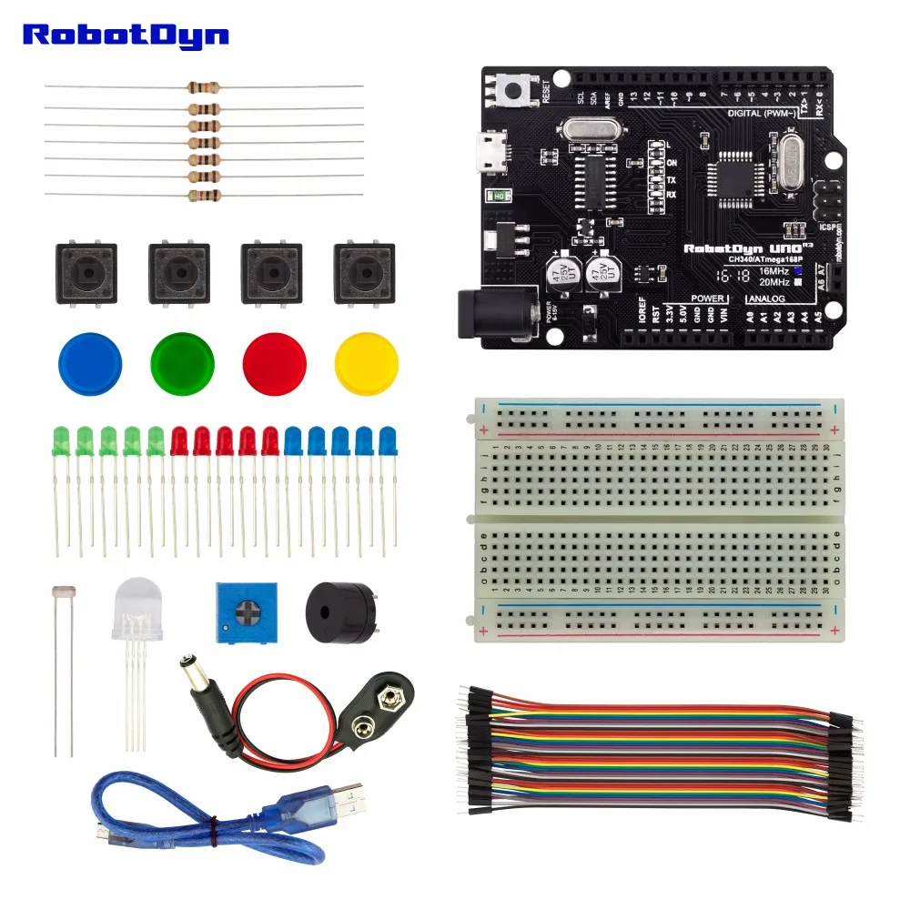 Стартовый набор, совместимый для Arduino Uno R3 проектов, с макетной платой, перемычкой провода, цвет и RGB светодиодный, кнопка, зуммер, светильник, датчик