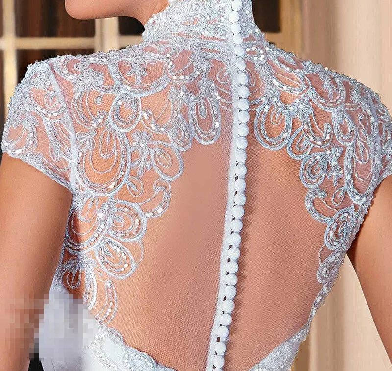 Бальное платье vestido de noiva с высоким вырезом и рукавами крылышками аппликацией из