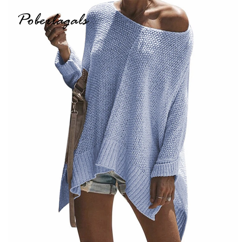 Autumn Sweater Women 2019 winter sweater female Pullovers loose knitted Fashion Loose large size bat sleeve off-shoulder | Женская