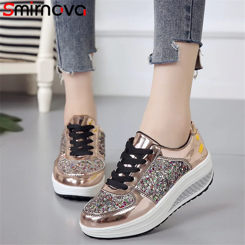 

Smirnova 2020 new arrival women flat platform shoes lace up Shining spring autumn casual shoes fashion sneakers woman
