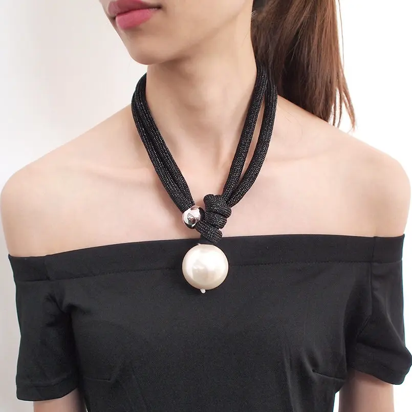 Black Necklaces MANILAI крупный искусственный жемчуг массивные Чокеры ожерелья для женщин модные толстые веревочные регулируемые подвески ювелирные изделия - Окраска металла: Black Necklaces