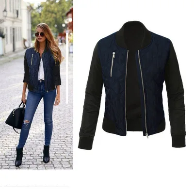 Navy Blue Осенне-зимняя модная однотонная женская куртка для отдыха с круглым вырезом на молнии, стеганая куртка-бомбер, новинка, женские пальто - Color: Navy Blue