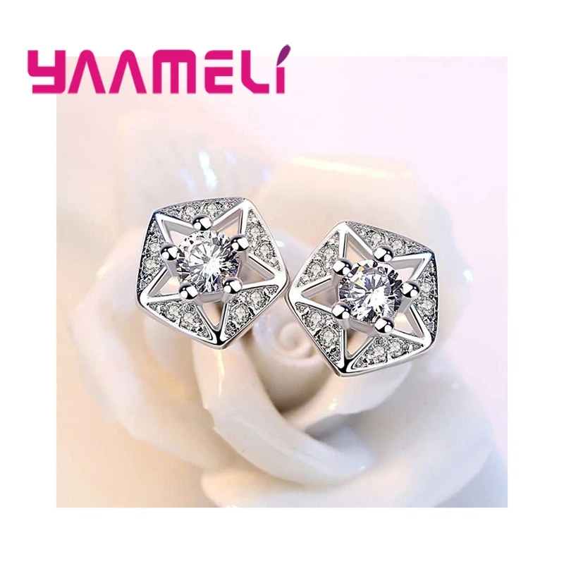 

Elegant Luxury Style Punk 925 Sterling Silver Geometric Pentagram Sparkling White/Purple Crystal Stud Earrings For Lady