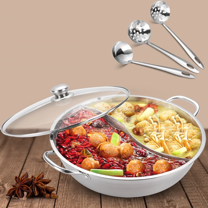 30 см 2 отсека Hotpot Нержавеющая Сталь Приготовления супа горшок со стеклянной крышкой половник-дуршлаг кухонная посуда для индукционной плиты - Цвет: 30CM With Lid