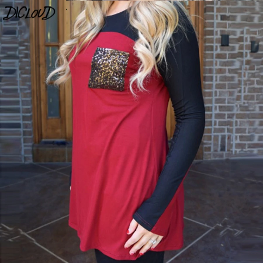Женские повседневные длинные футболки с блестками лоскутные топы круглым