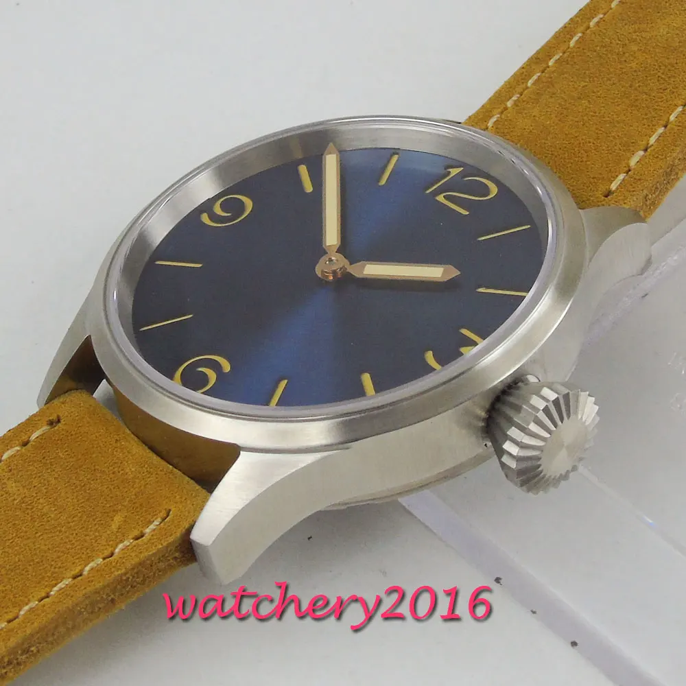 43 мм синий циферблат с ручным заводом сапфировое стекло матовый чехол кожаный