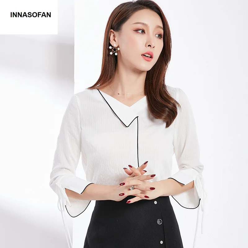 INNASOFAN OL shirt women's Spring-Summer cotton blouse Euro-American fashionable chic with V-neck and three quarter sleeve | Женская