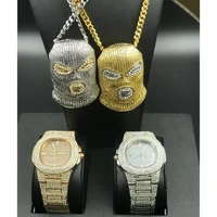 luxury men gold watch hip hop men pendant necklace combo set ice out cuban watch goon necklace cz bling rapper jewelry for men