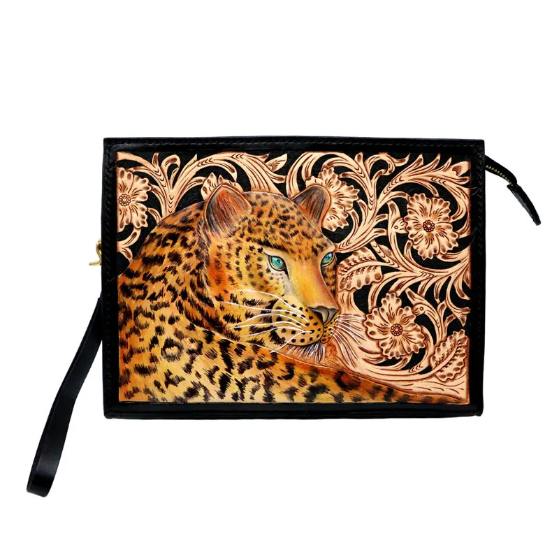 

Handmade Women Men Vegetable Tanned Leather Bag Wild Style Leopard Money Holder Clutch Purse Clutches Cow Lerther Envelope