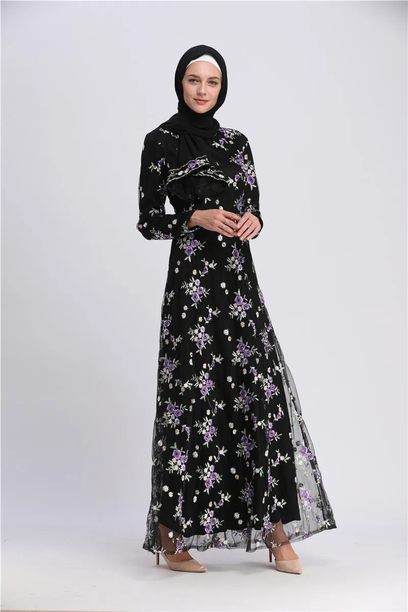Черное женское мусульманское платье Abayas женская одежда хиджаб цветы вышивка