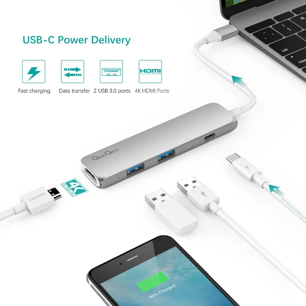 Qacqoc GN22B 4 in1 алюминия USB C концентратор с К HDMI Card Reader 2 3 0 Порты и разъёмы Тип Мощность