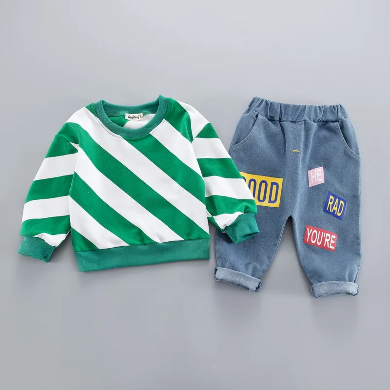 BOTEZAI Child Boy Striped Clothes Sets For Baby Girls Boys Fashion Letter Long Sleeve T shirt + Jeans Pants |