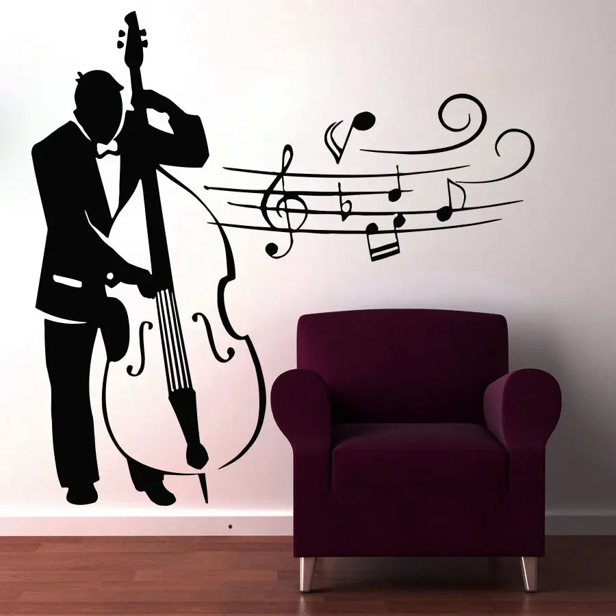 Наклейка на стену музыкальная Contrabass Musician Cafe Расслабляющая виниловая наклейка