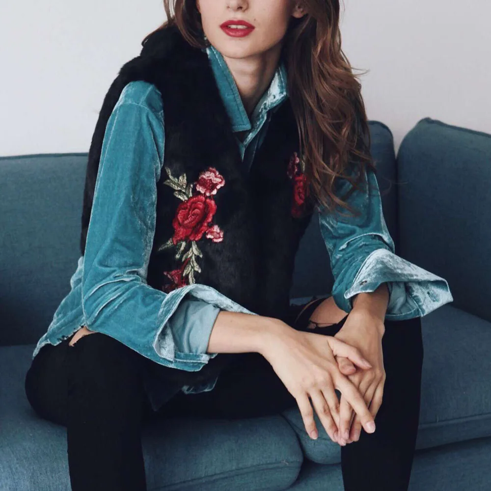 Новая модная женская зимняя винтажная меховая жилетка с цветочной вышивкой без