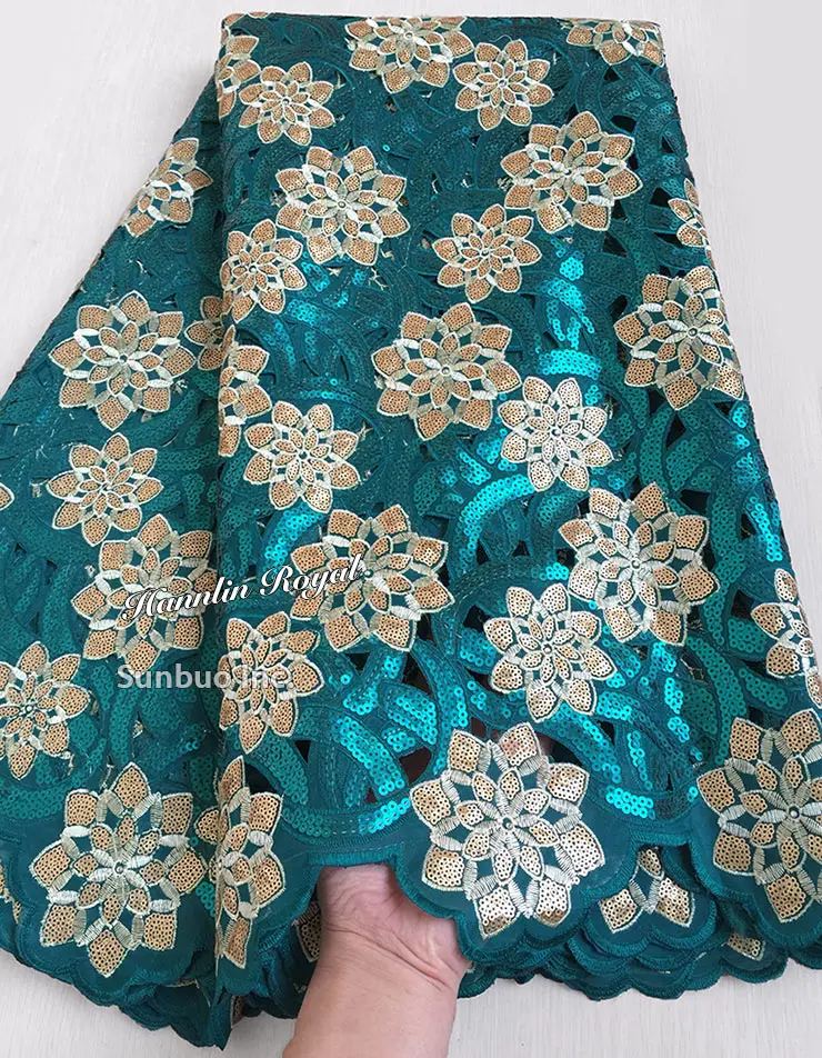 

5 yards teal green Gold African Handcut lace organza fabric Shinny Nigerian party clothes with lots of sequins hot sale