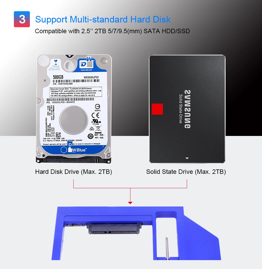 CHIPAL синий пластик SATA 3,0 2nd HDD Caddy 9,5 мм для 2," SSD чехол Корпус жесткого диска для ноутбука DVD-ROM Оптический отсек