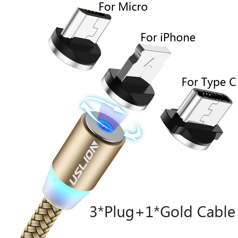 3 Plug 1 Gold Cable USLION 2 м Магнитный Micro USB кабель type C для iPhone XS Max X телефон зарядное устройство провод для samsung Xiaomi huawei P30 Pro Магнитный кабель - Цвет: 3 Plug 1 Gold Cable