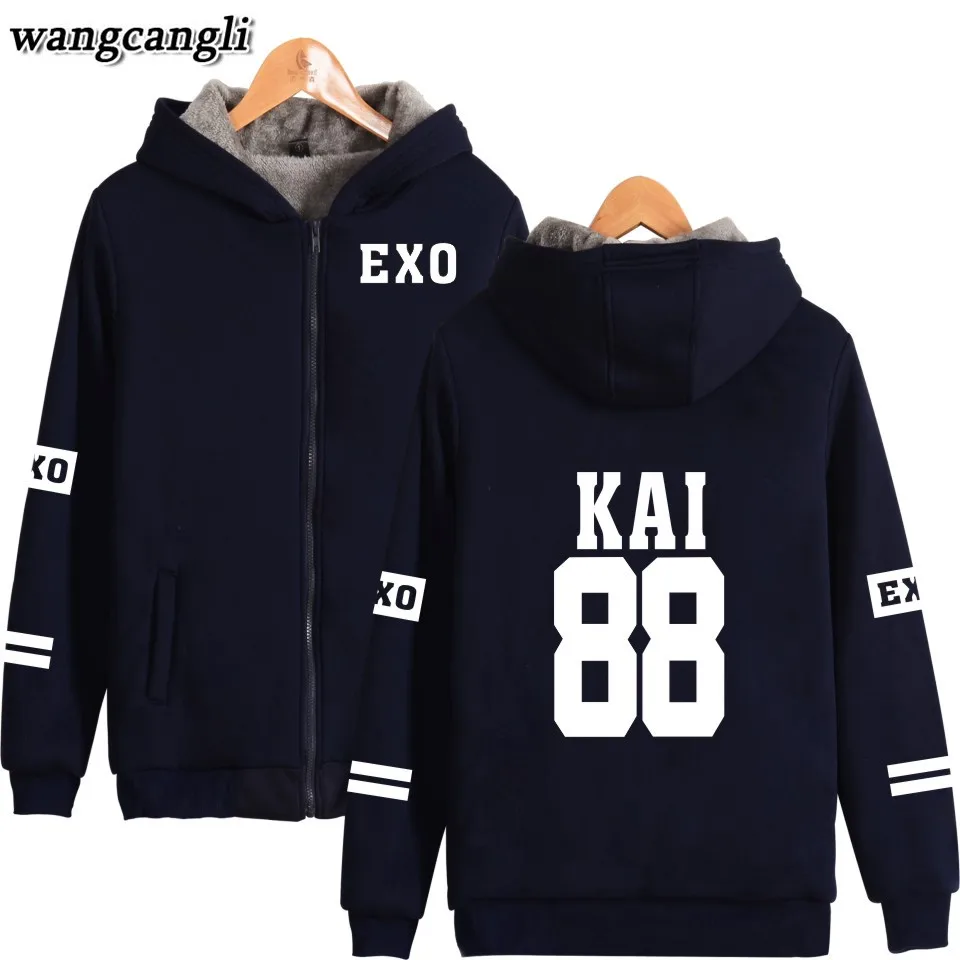 

KPOP EXO Printed Thick Hoodie Sweatshirts With Zipper Winter Warm Hip hop Streetwear Thickened Hoodies Zip-Up Coats