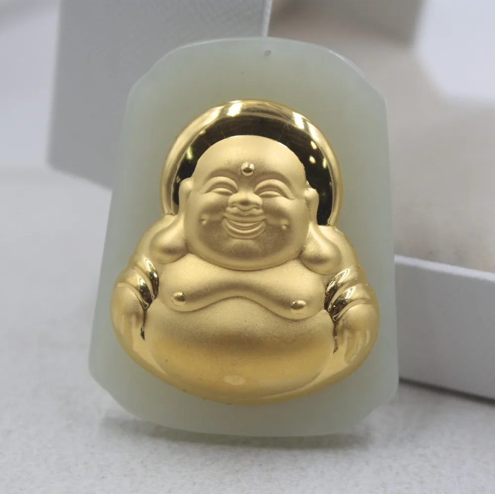 Красивый кулон из желтого золота 24 к и нефрита с сертификатом 3D Будды большим