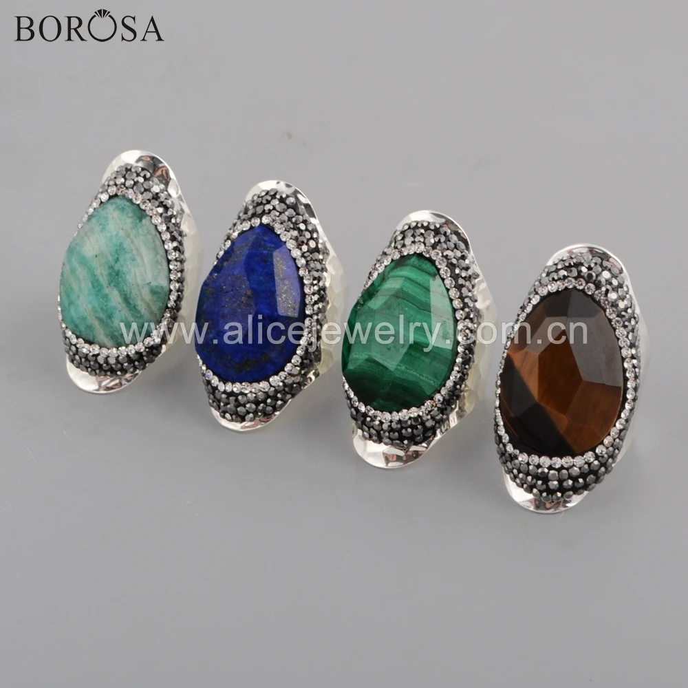 BOROSA 5PCS wholesale Lapis Lazuli Faceted Drop Paved Crystal Band Rings Amethysts malachite tiger eye Amazonite JAB956-2 | Украшения и