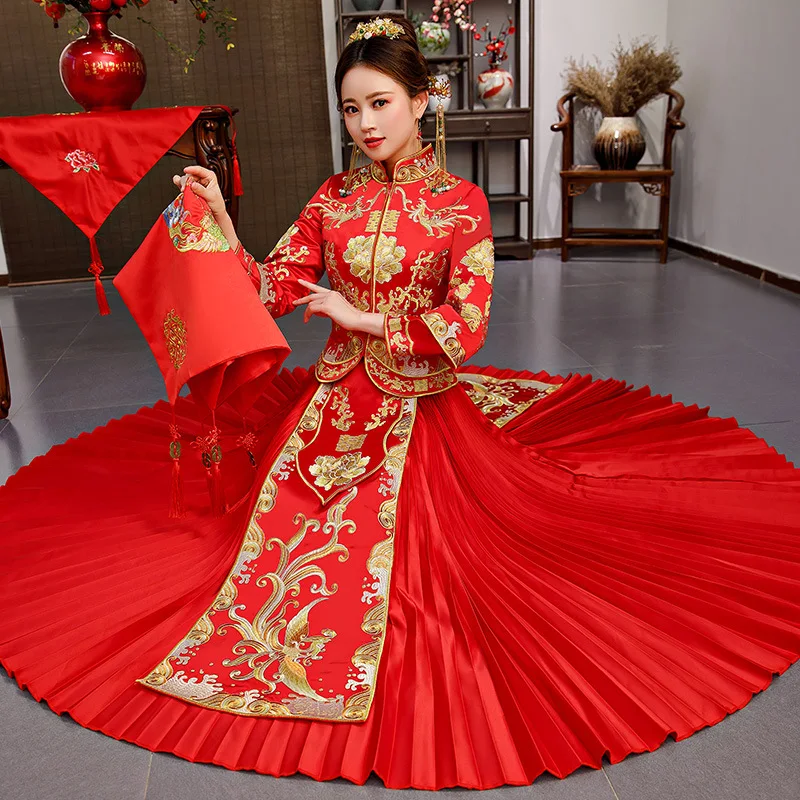 

Традиционное китайское свадебное платье, женское платье Чонсам с вышивкой дракона, Феникса, Qipao, восточные вечерние платья красного цвета Qi ...