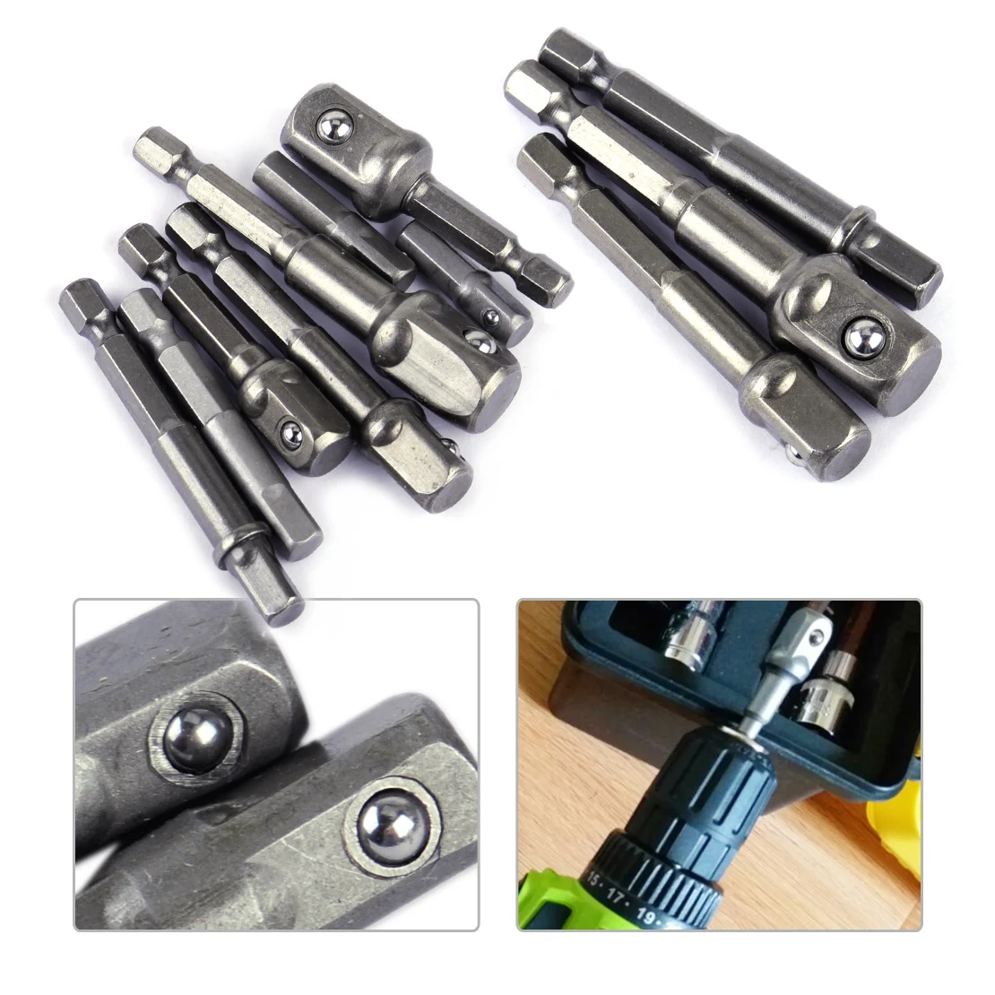 

LETAOSK 1/4" 3/8" 1/2" Socket 1/4" hex shank Bit Adapter Drill Nut Driver Power Extension Bar Set 3 / 8 Pcs