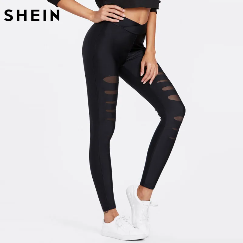 SHEIN черные леггинсы женские сетчатые вставки рваные Леггинсы со средним обхватом талии повседневные летние весенние однотонные леггинсы для фитнеса