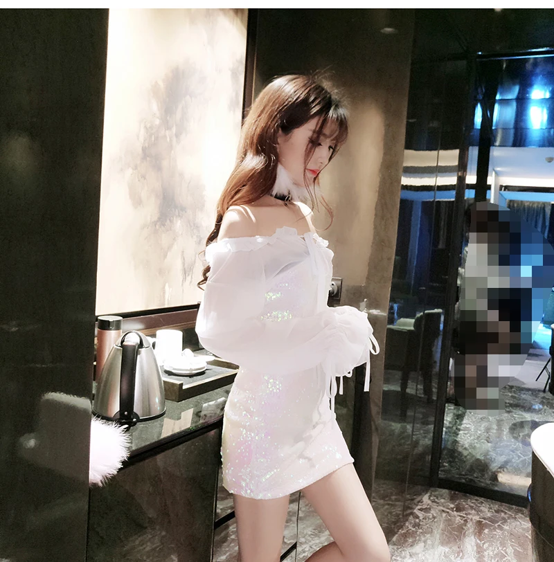 Women Chiffon Sequin Bling Dress Girls Lolita Preppy Glitter Hologram Mini Dresses Slash Neck Sexy Club Bar Show DS Женская одежда