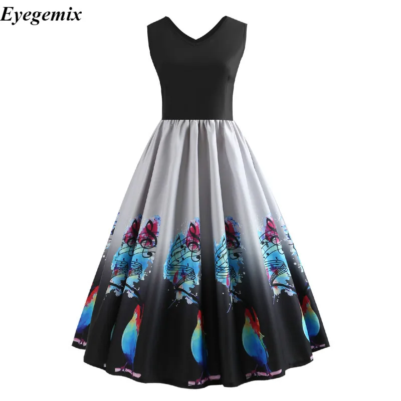 Женское винтажное платье миди без рукавов с принтом осьминога и v образным