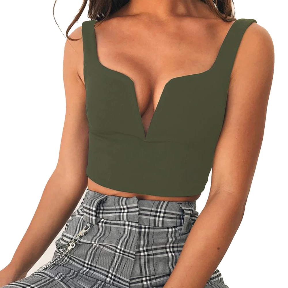 Женский топ без рукавов с глубоким v-образным вырезом облегающий укороченный на
